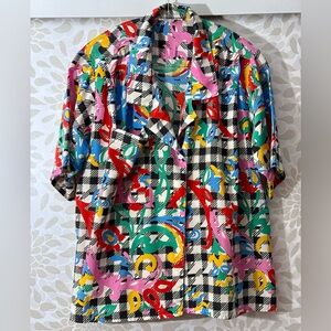Vintage 80s 90s Oscar De La Renta Women’s 12 L Floral Check Button Up Top Blouse